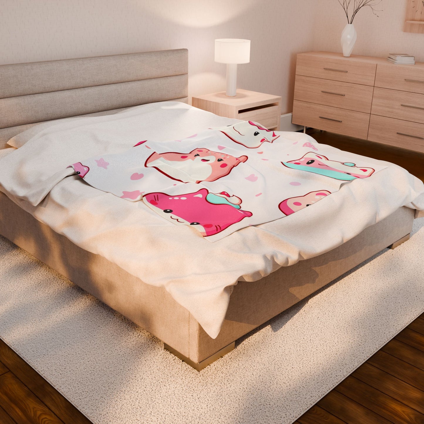 Cute Kawaii Cat Plush Blanket — Soft Velveteen Throw with Pink Dessert Cats
