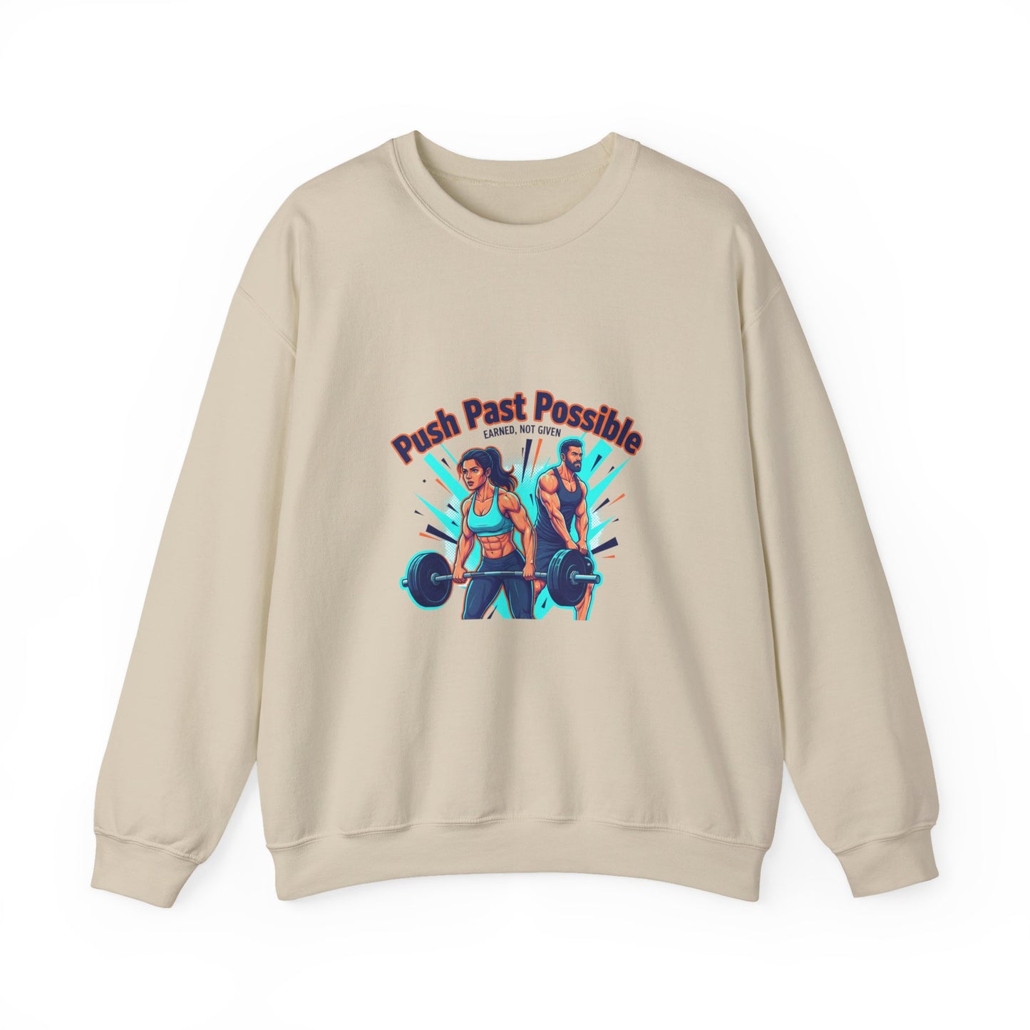 Crewneck Sweatshirt — "Push Past Possible" Fitness Weightlifting Motivational Graphic