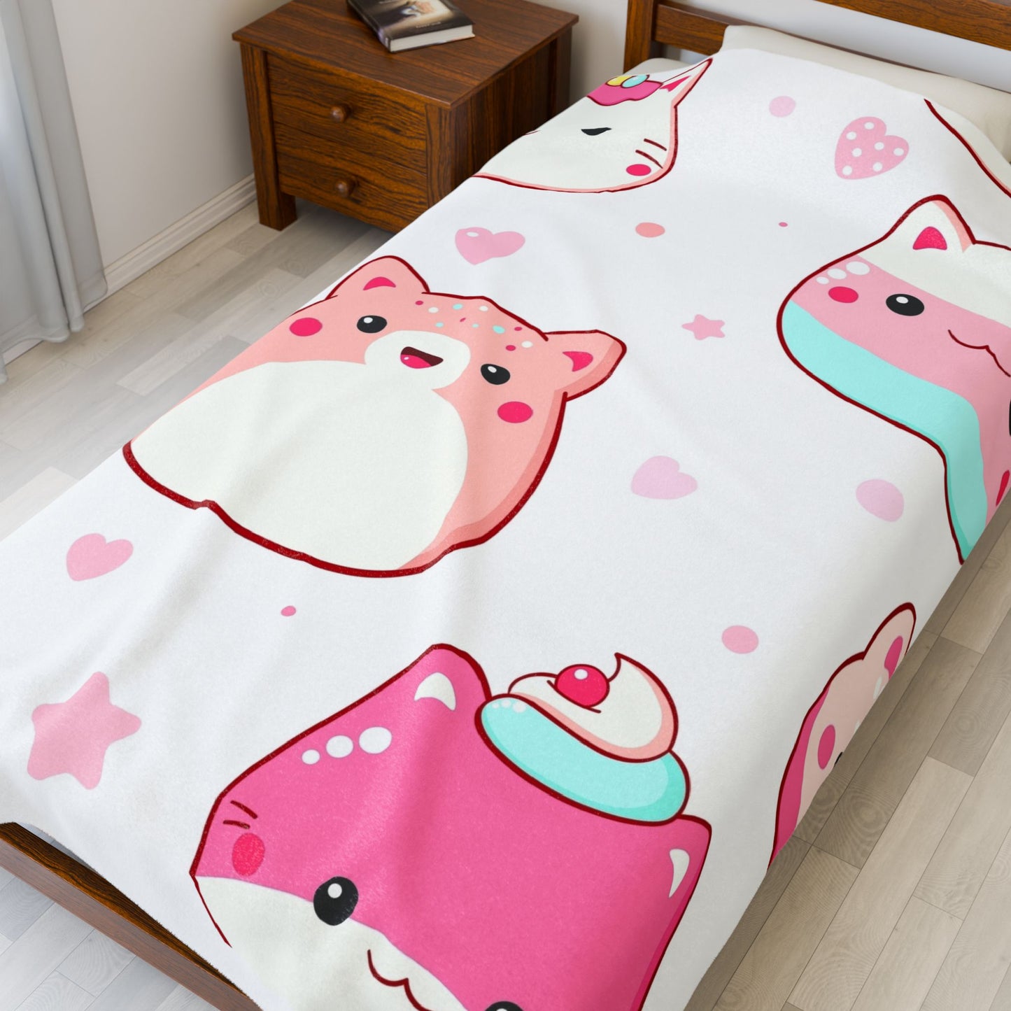 Cute Kawaii Cat Plush Blanket — Soft Velveteen Throw with Pink Dessert Cats