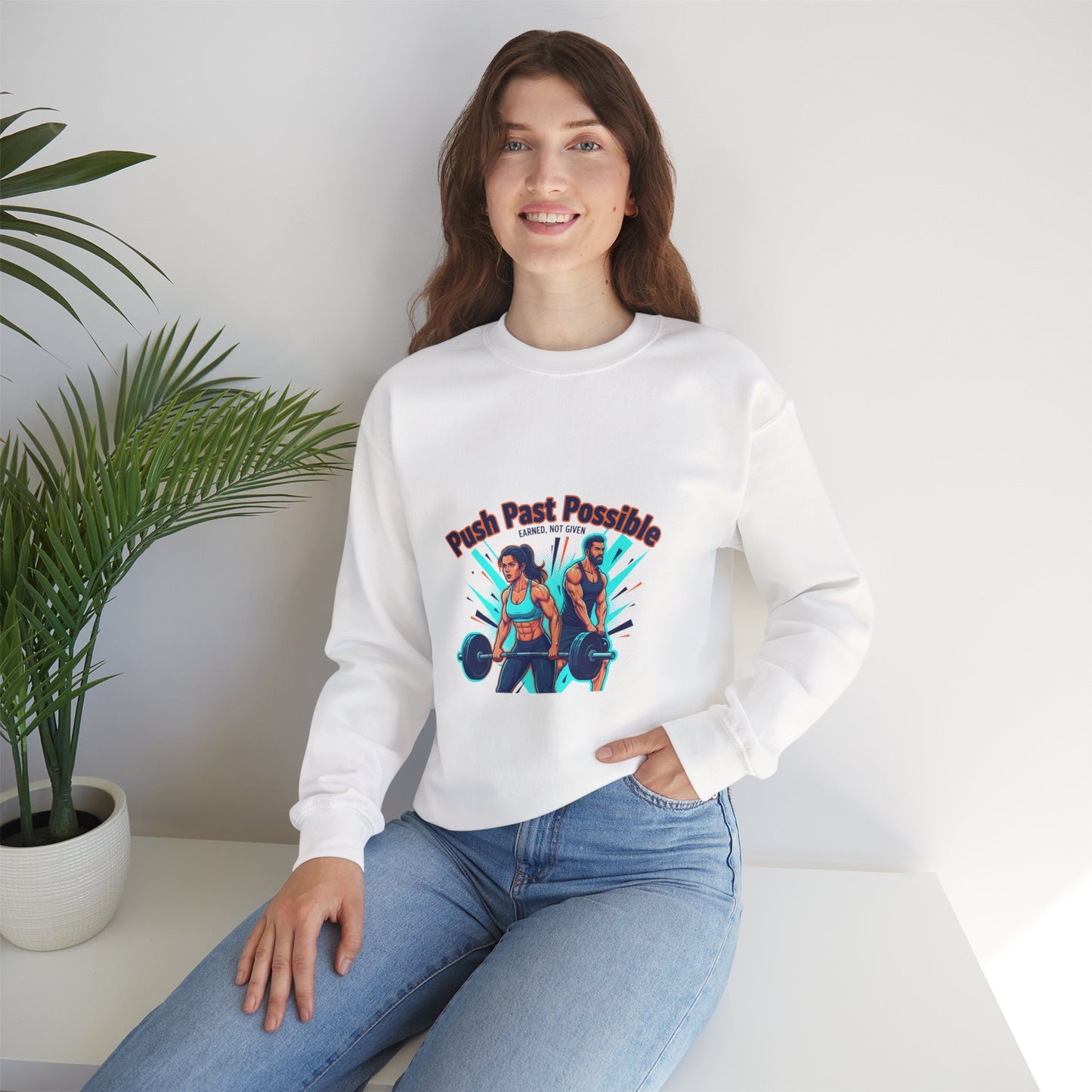 Crewneck Sweatshirt — "Push Past Possible" Fitness Weightlifting Motivational Graphic