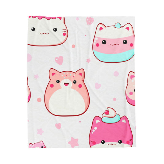 Cute Kawaii Cat Plush Blanket — Soft Velveteen Throw with Pink Dessert Cats