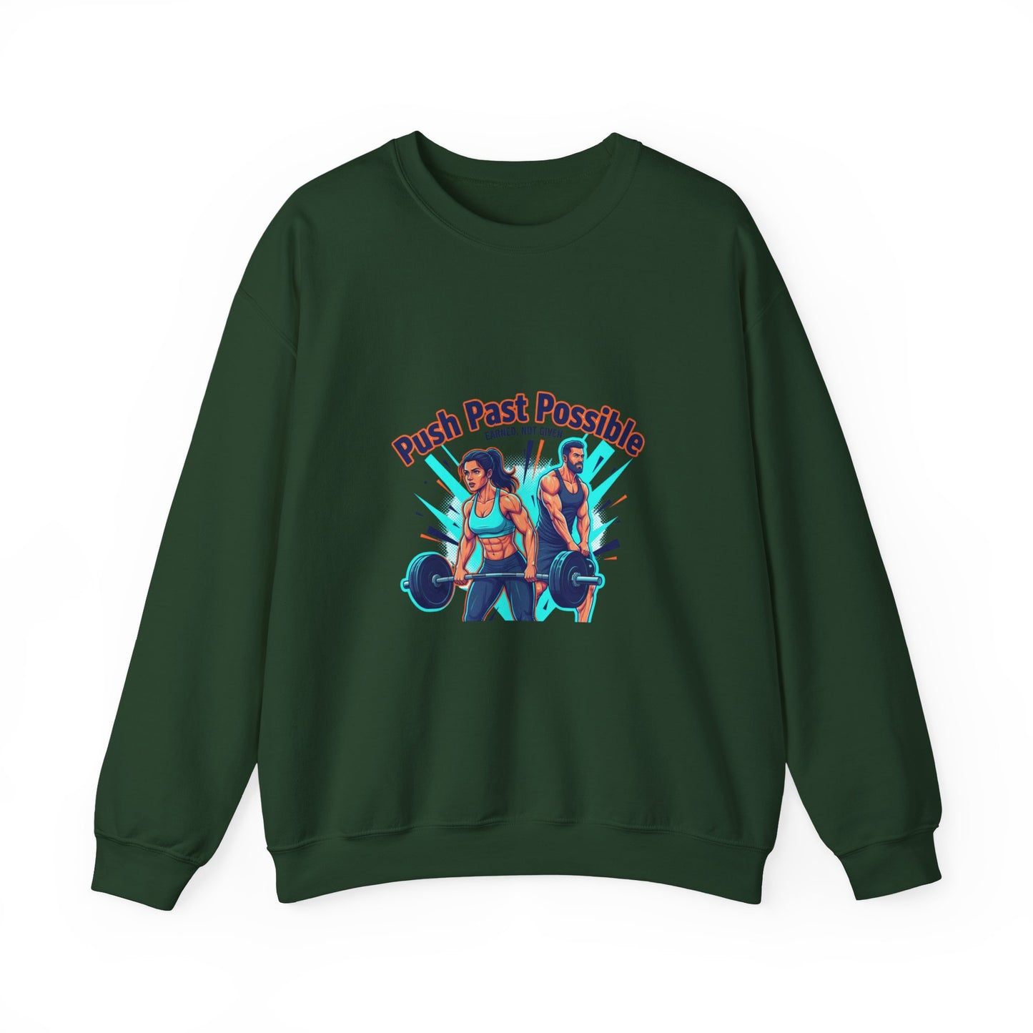 Crewneck Sweatshirt — "Push Past Possible" Fitness Weightlifting Motivational Graphic