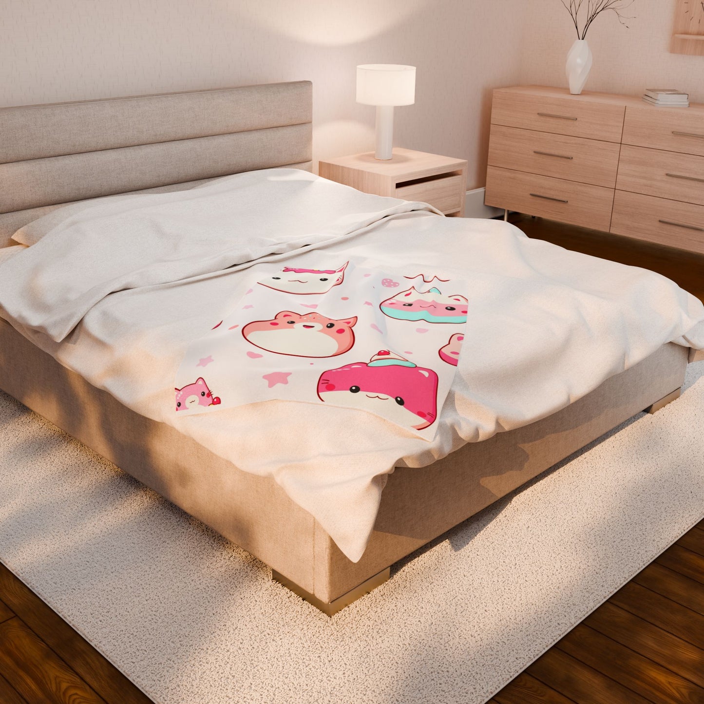 Cute Kawaii Cat Plush Blanket — Soft Velveteen Throw with Pink Dessert Cats