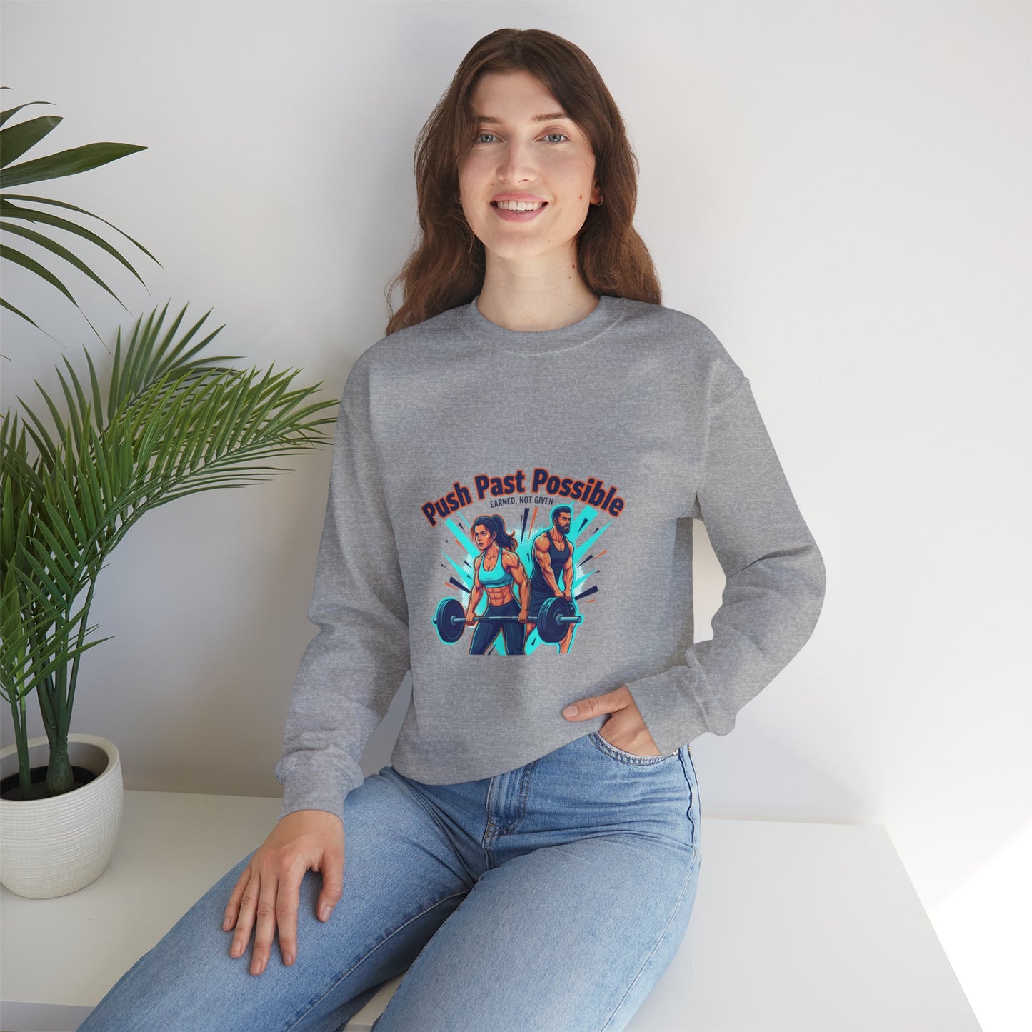 Crewneck Sweatshirt — "Push Past Possible" Fitness Weightlifting Motivational Graphic